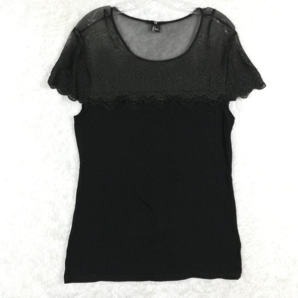 H&M Womens Top Blouse Short Sleeve Mesh Neckline Lace Detailing Round Neck L